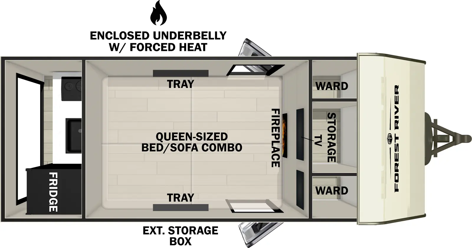 The No Boundaries NB10.7 floorplan has two entries and zero slide outs. Exterior features include: fiberglass exterior, 270 Degree awning and outside kitchen. 